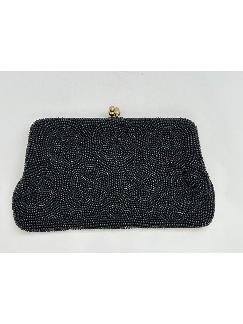 MCM Art Deco Glam Black Beaded Floral Clutch Evening Cocktail Purse Kiss Lock